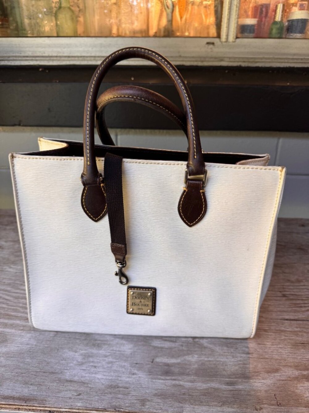 Dooney & Bourke White Brown Leather Trim Structured Tote Satchel Handbag
